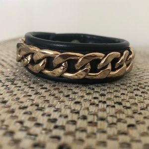Gold Chain and Black Leather Bracelet